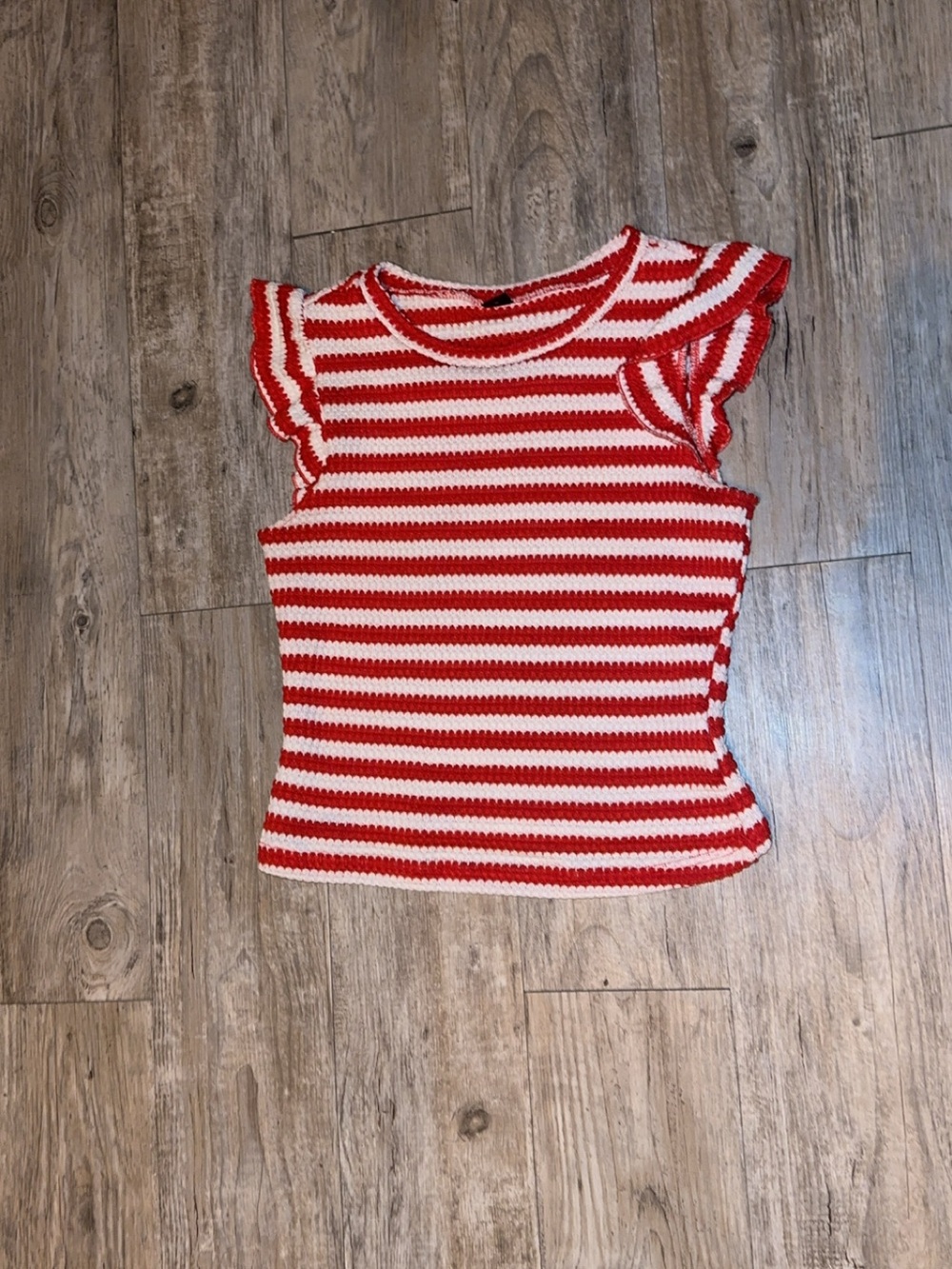 Striped Red & White Flutter Sleeve Knit Top